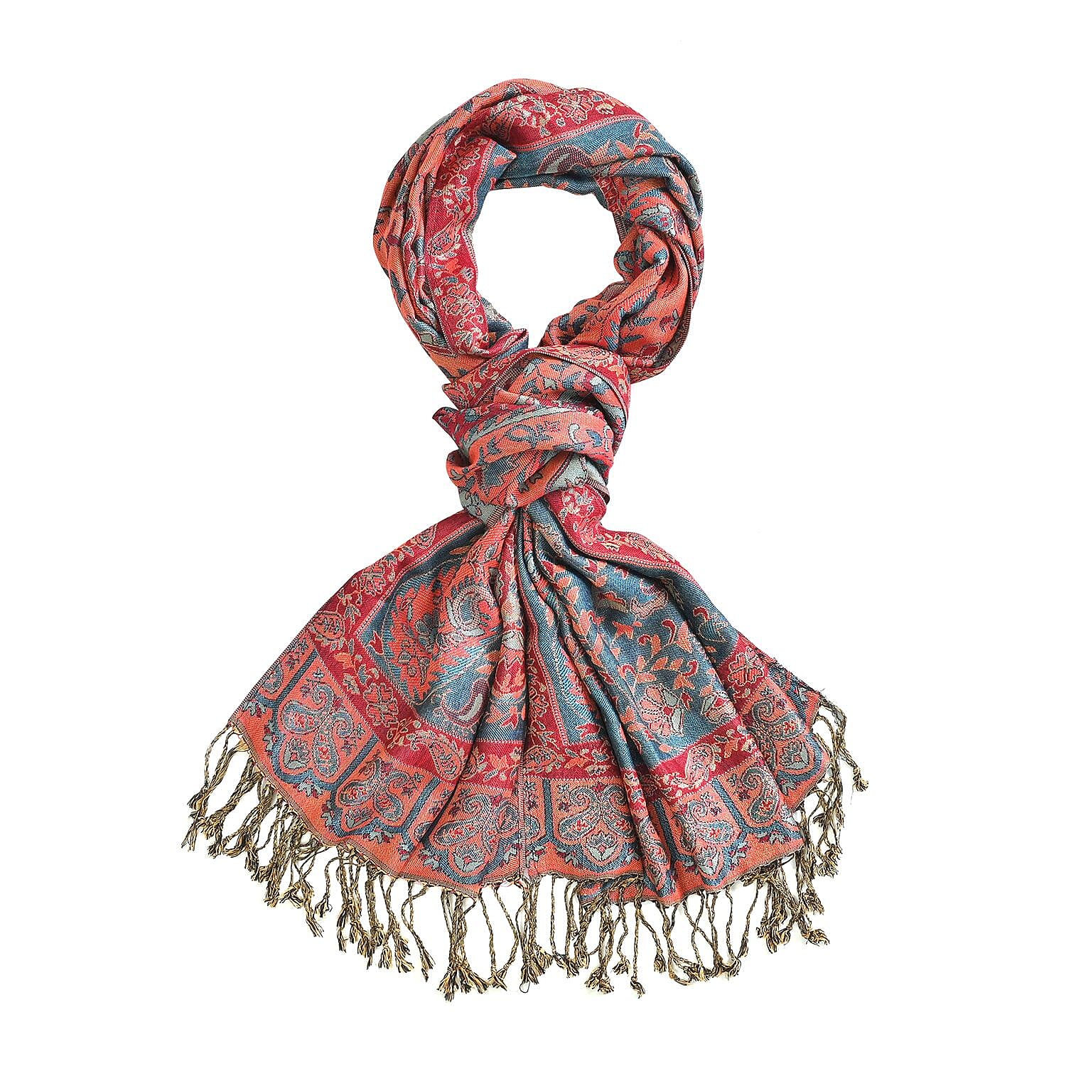 Fringed Scarf (One Size 180x70 cm) - Teal & Red