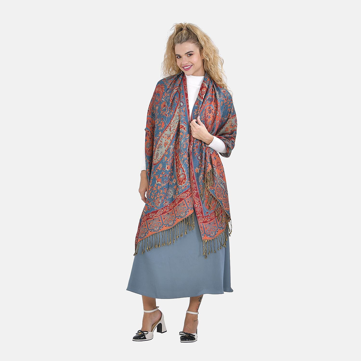 Fringed Scarf (One Size 180x70 cm) - Teal & Red