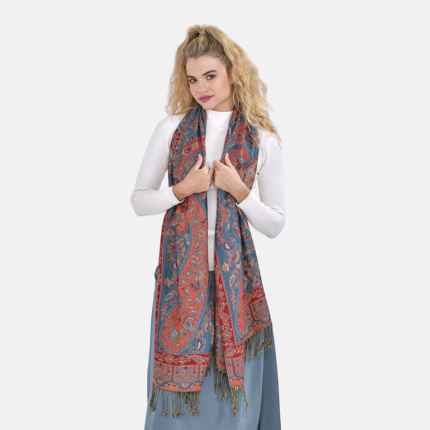 Fringed Scarf (One Size 180x70 cm) - Teal & Red