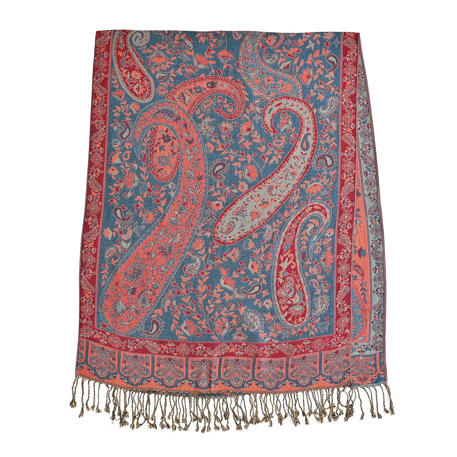 Fringed Scarf (One Size 180x70 cm) - Teal & Red