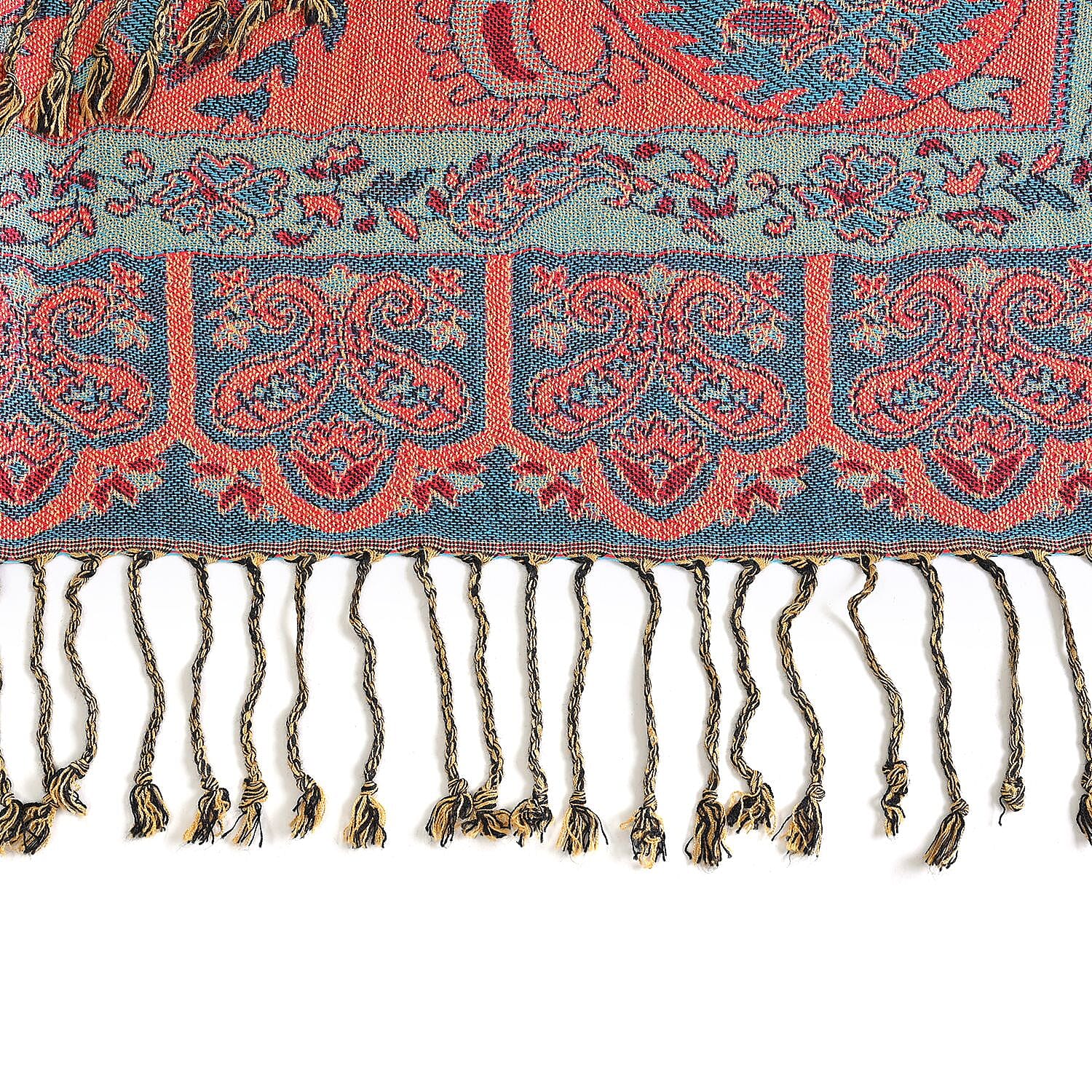 Fringed Scarf (One Size 180x70 cm) - Teal & Red