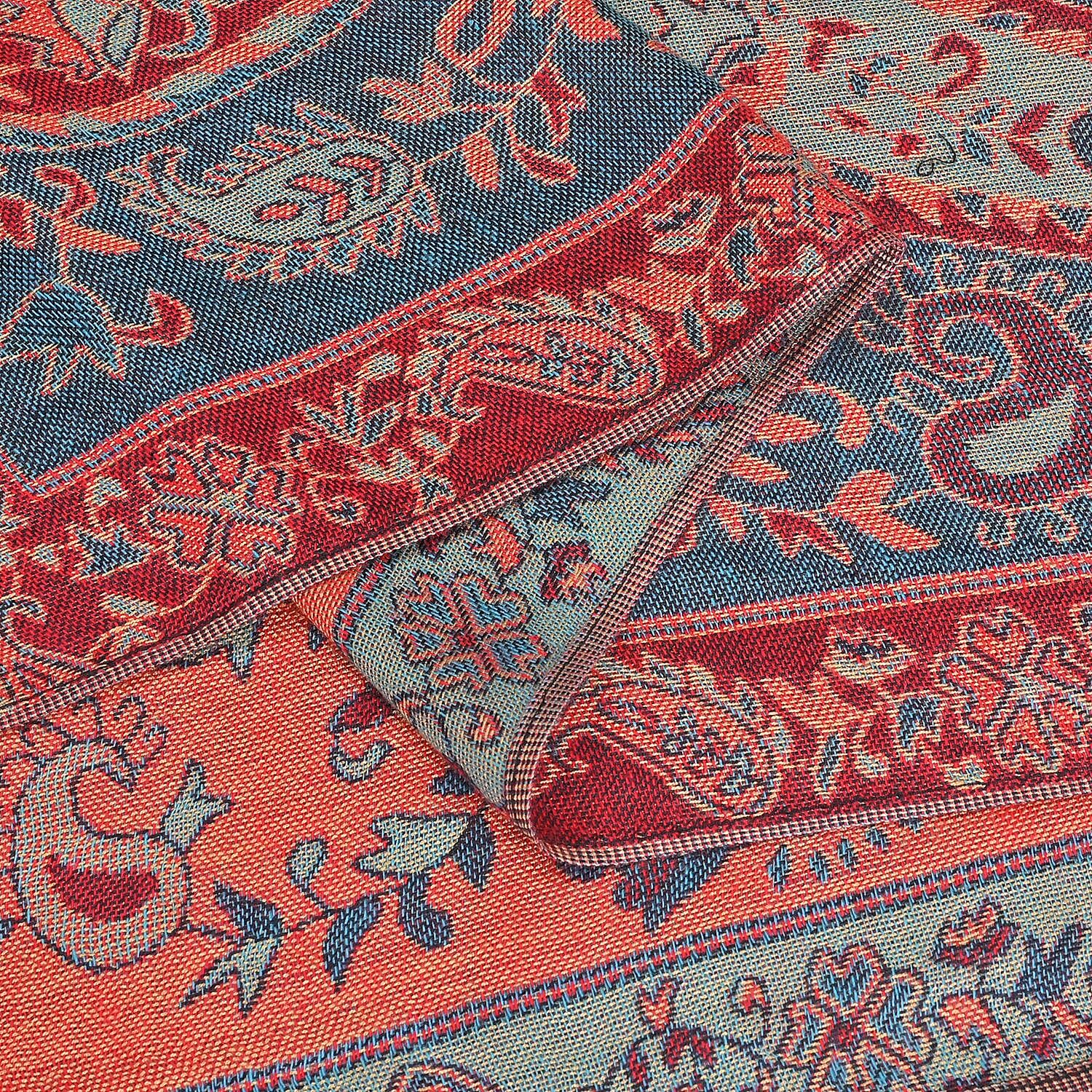 Fringed Scarf (One Size 180x70 cm) - Teal & Red