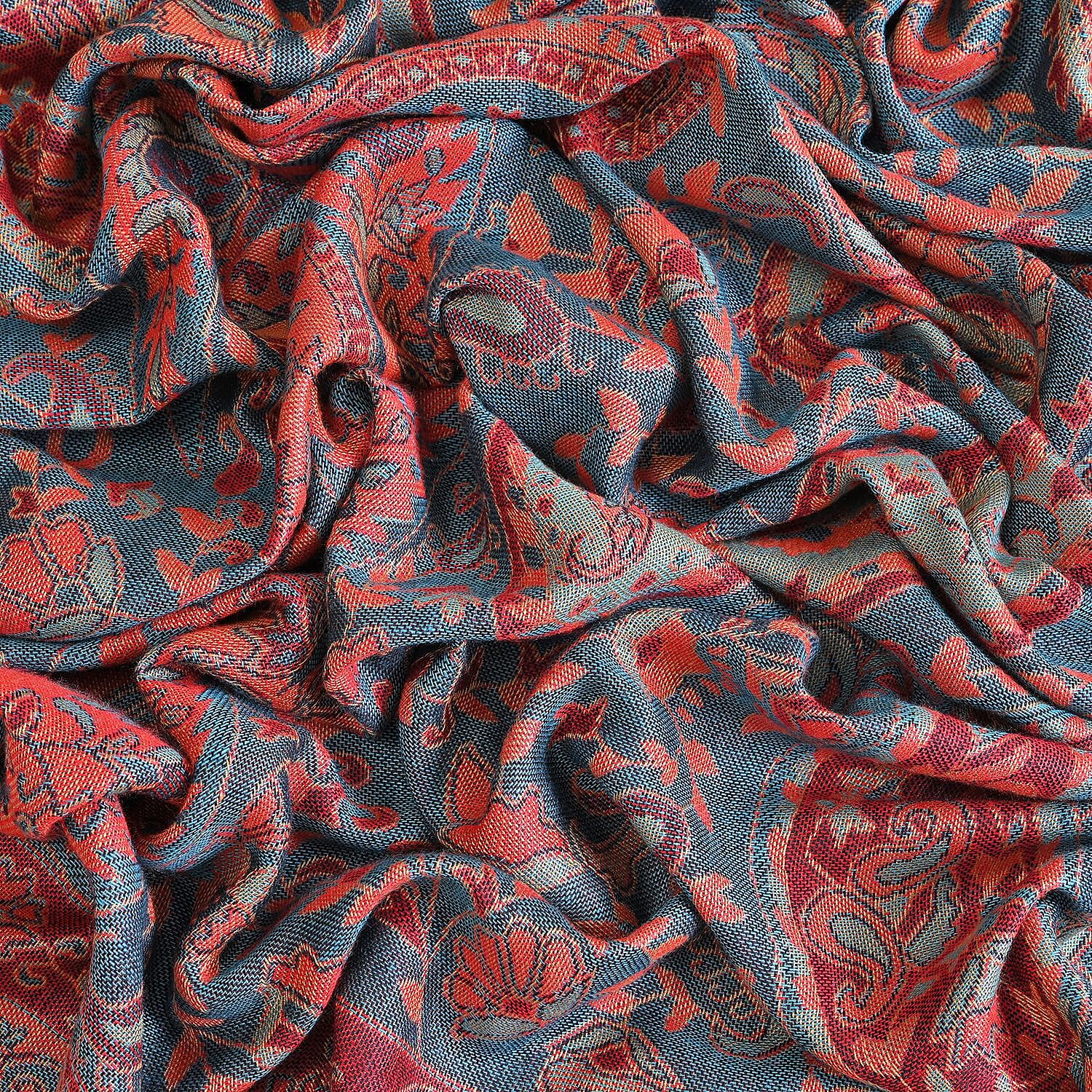 Fringed Scarf (One Size 180x70 cm) - Teal & Red