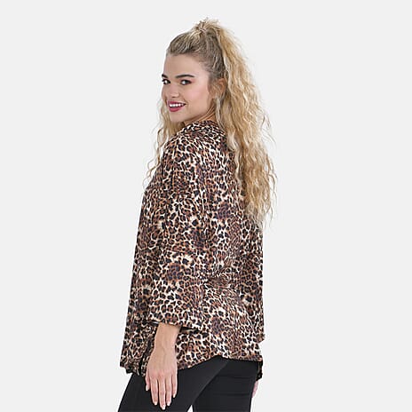 Leopard Print Stretch Jersey Top with Stacked Collar (One Size 8-18) - Beige