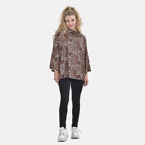Leopard Print Stretchable Jersey Top with Stacked Collar (One Size Curve 20-26) - Beige