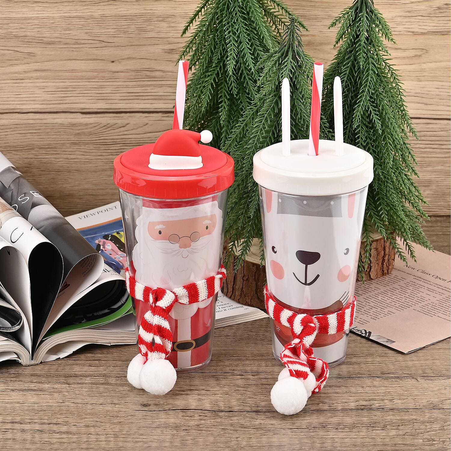 Set of 2 Insulated Christmas Mug with Lid - Straw - Santa and Rabbit