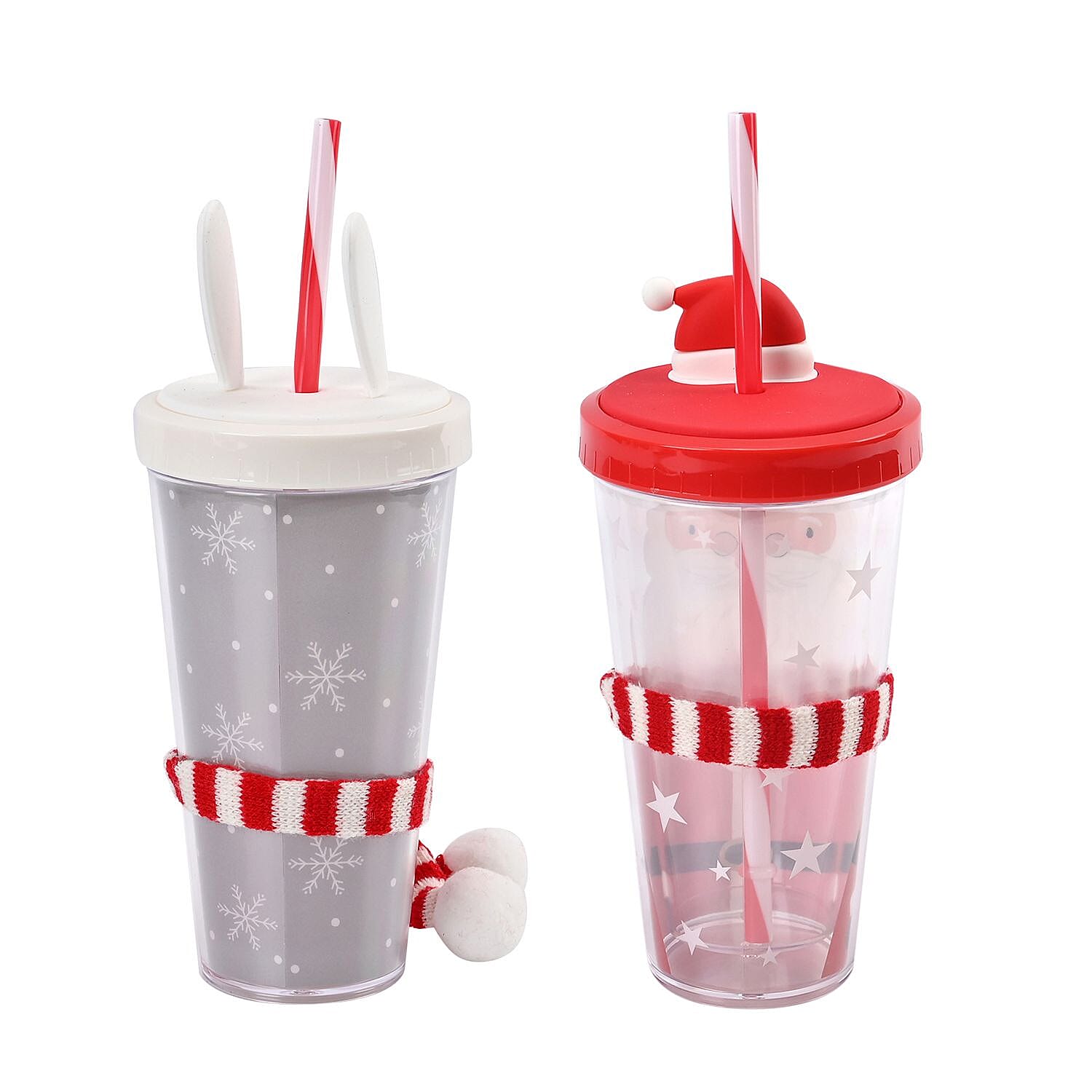 Set of 2 Insulated Christmas Mug with Lid - Straw - Santa and Rabbit