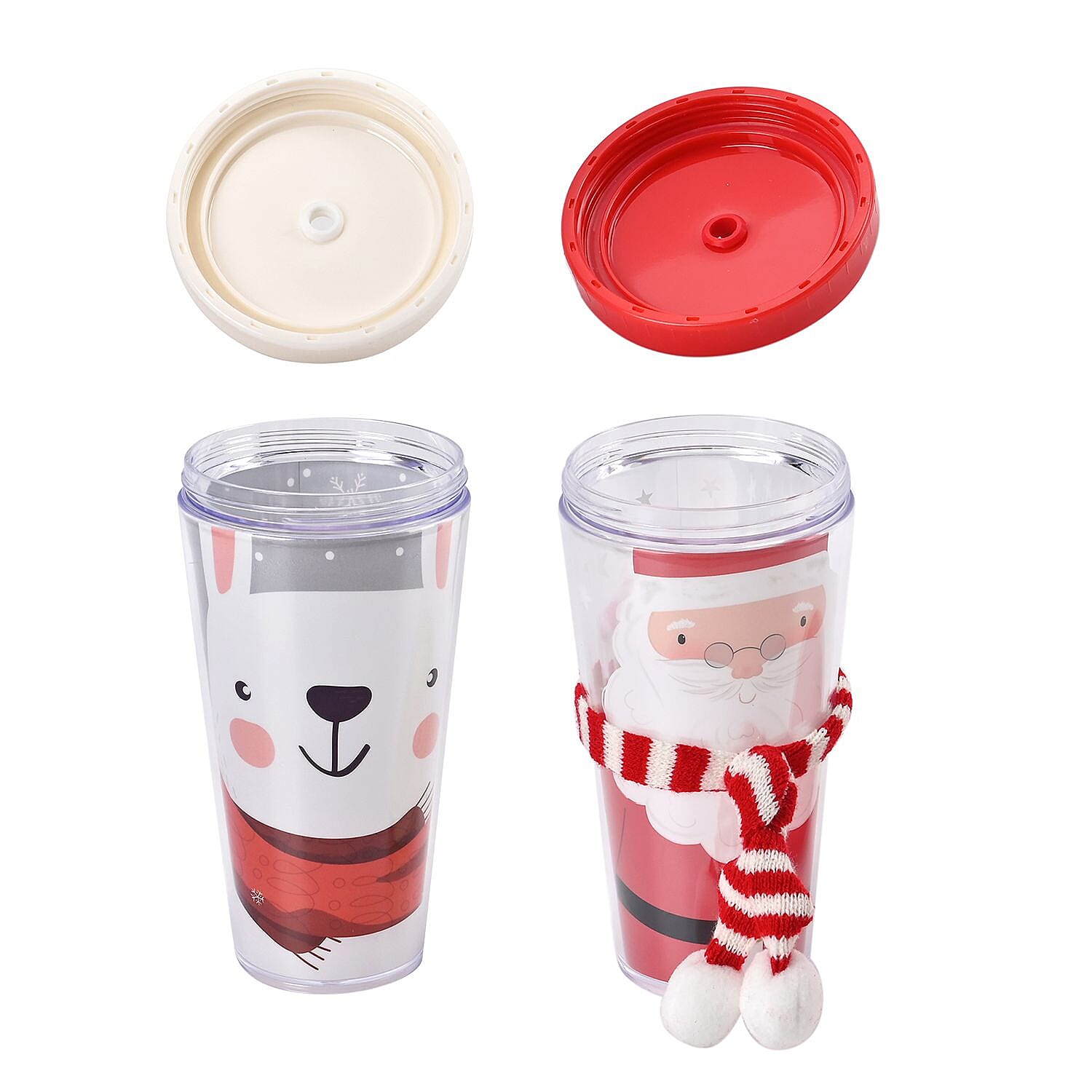 Set of 2 Insulated Christmas Mug with Lid - Straw - Santa and Rabbit