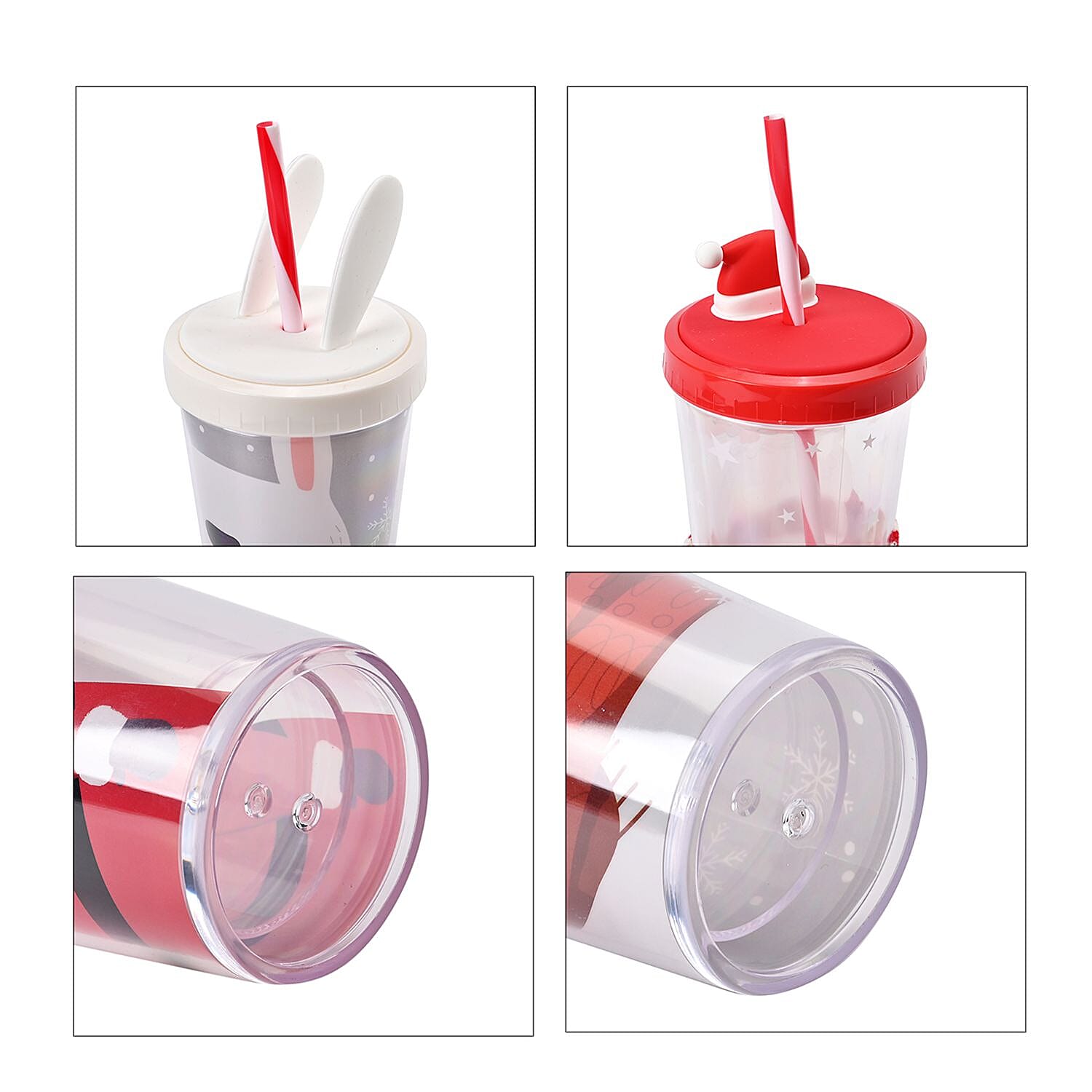 Set of 2 Insulated Christmas Mug with Lid - Straw - Santa and Rabbit