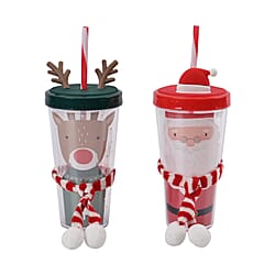 Set of 2 Christmas Mugs with Lids and Straws