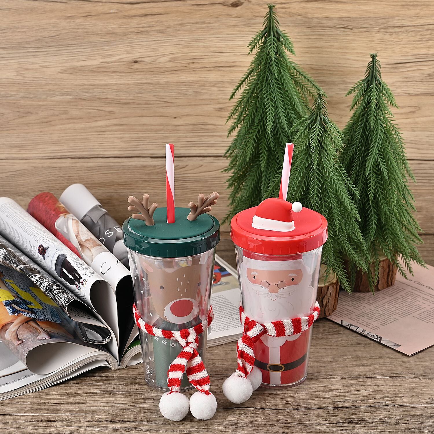 Set of 2 Insulated Christmas Mug with Lid & Straw - Santa and Deer
