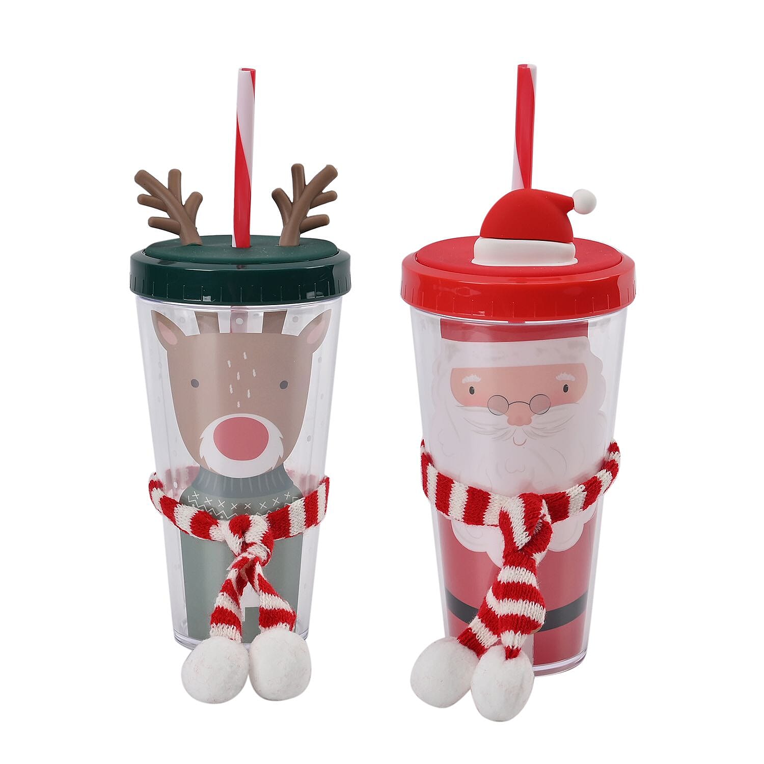 Set of 2 Insulated Christmas Mug with Lid & Straw - Santa and Deer