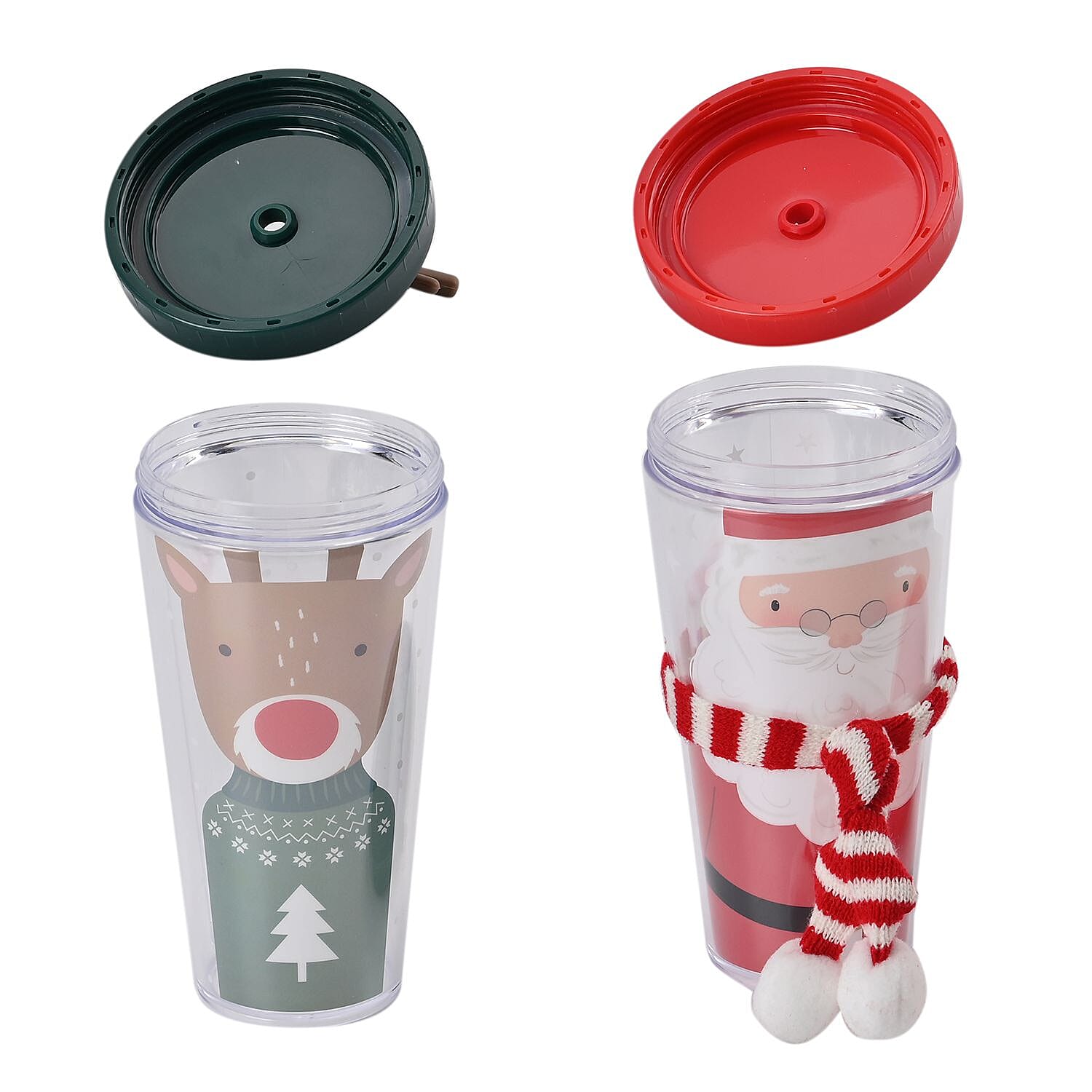 Set of 2 Insulated Christmas Mug with Lid & Straw - Santa and Deer