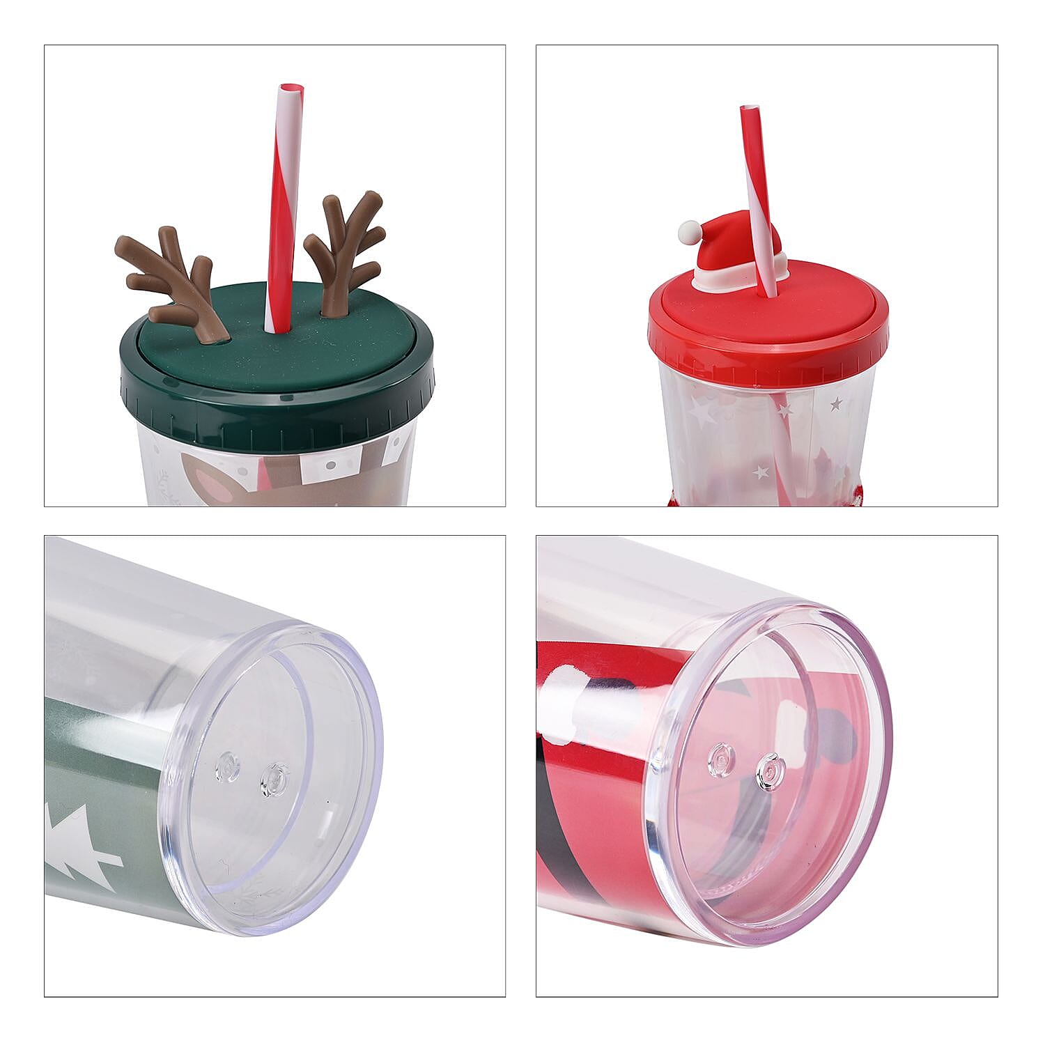 Set of 2 Insulated Christmas Mug with Lid & Straw - Santa and Deer