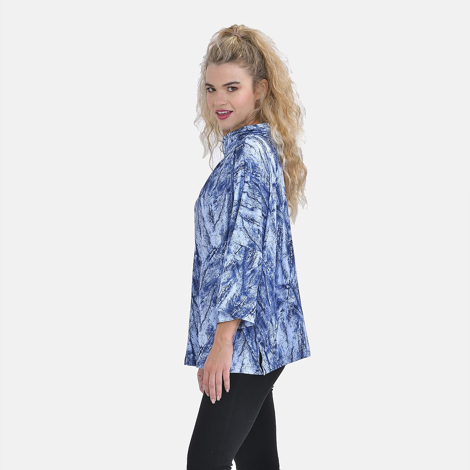 TAMSY Brush Printed Stretch Jersey Top (One Size ) - Blue