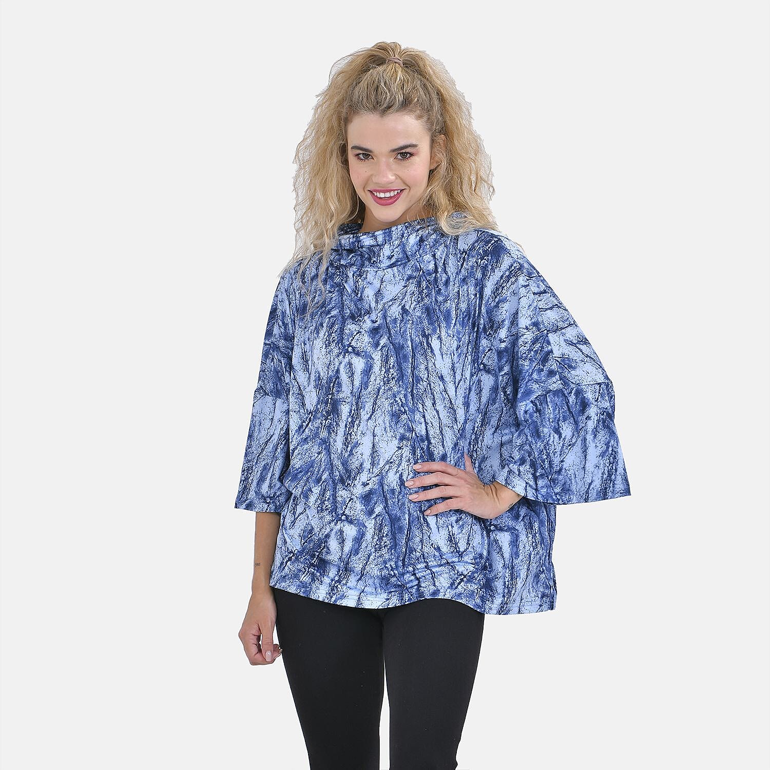 TAMSY Brush Printed Stretch Jersey Top (One Size ) - Blue