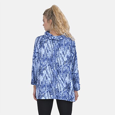 Brush Printed Stretch Jersey Top (One Size Curve ) - Blue