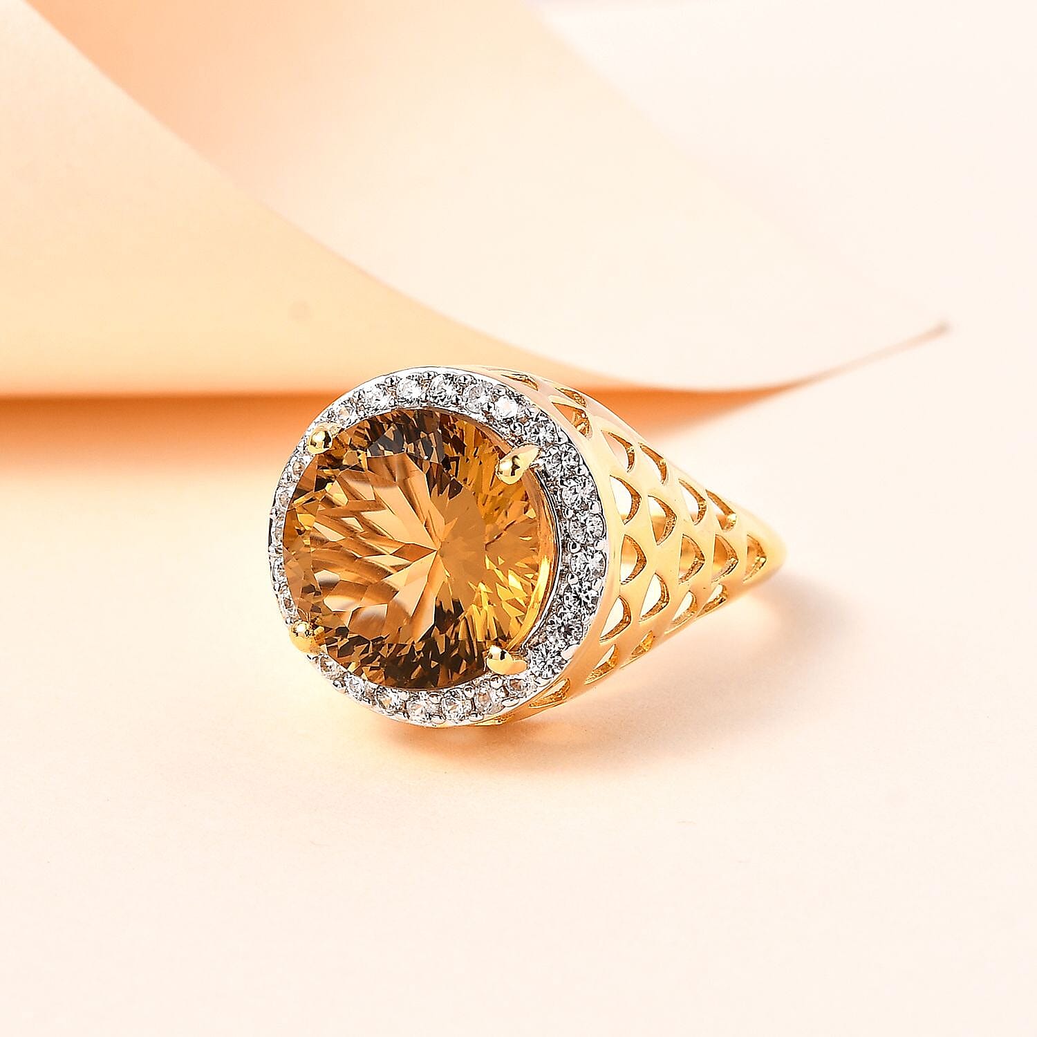 Millenium Cut Citrine & Natural Zircon Ring in 18K Vermeil Yellow Gold Plated Sterling Silver 7.06 Ct, Silver Wt. 6.31 GM