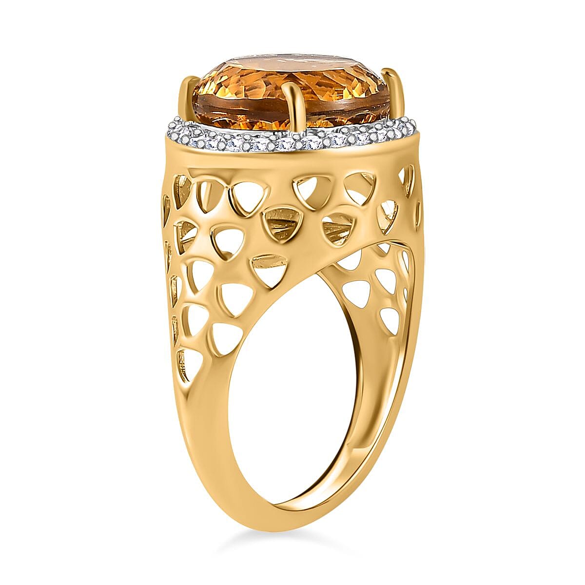 Millenium Cut Citrine & Natural Zircon Ring in 18K Vermeil Yellow Gold Plated Sterling Silver 7.06 Ct, Silver Wt. 6.31 GM