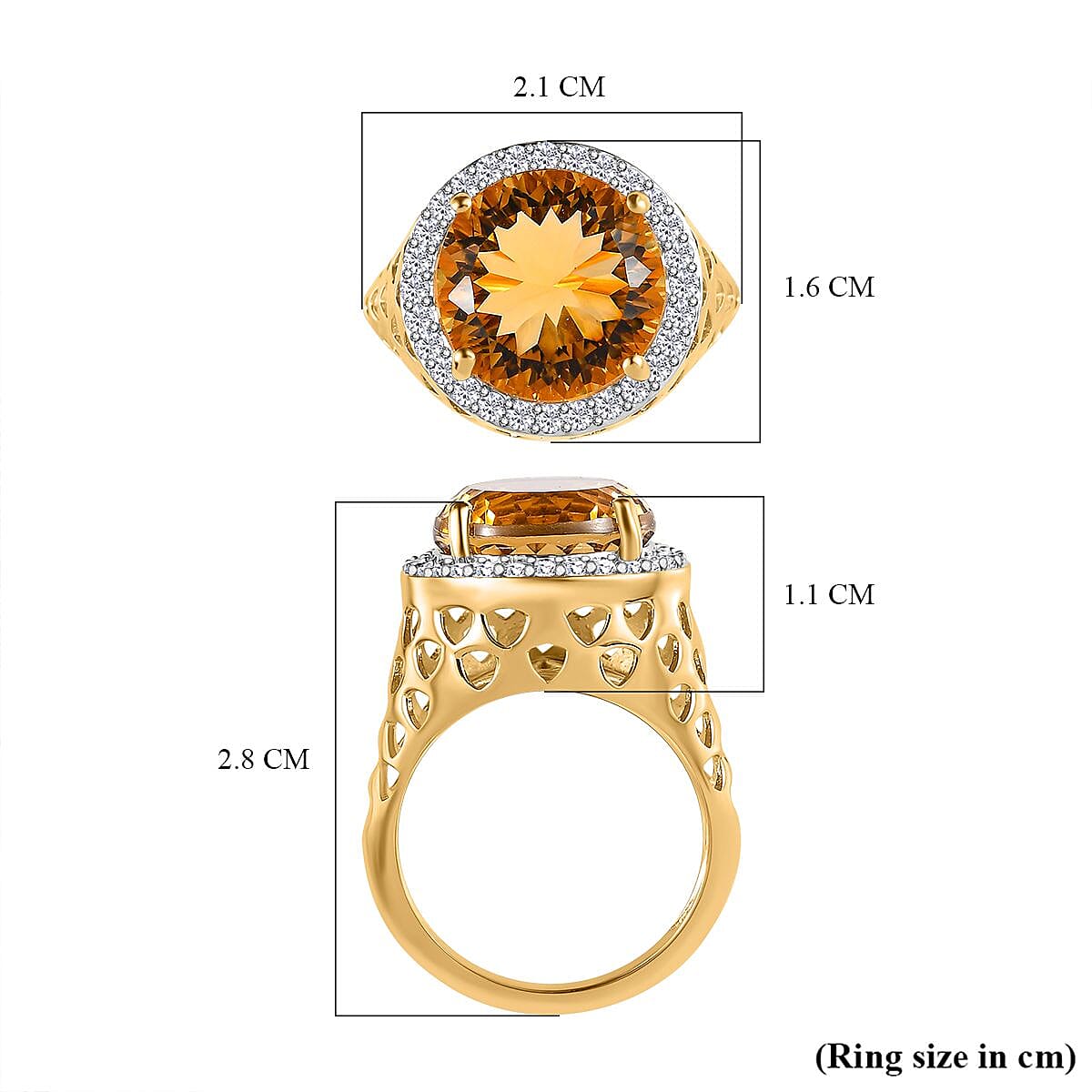 Millenium Cut Citrine & Natural Zircon Ring in 18K Vermeil Yellow Gold Plated Sterling Silver 7.06 Ct, Silver Wt. 6.31 GM