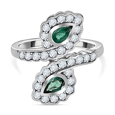 Zambian Emerald & Moissanite Bypass Ring in Platinum Overlay Sterling Silver Zambian Emerald & Moissanite Bypass Ring in Platinum Overlay Sterling Silver