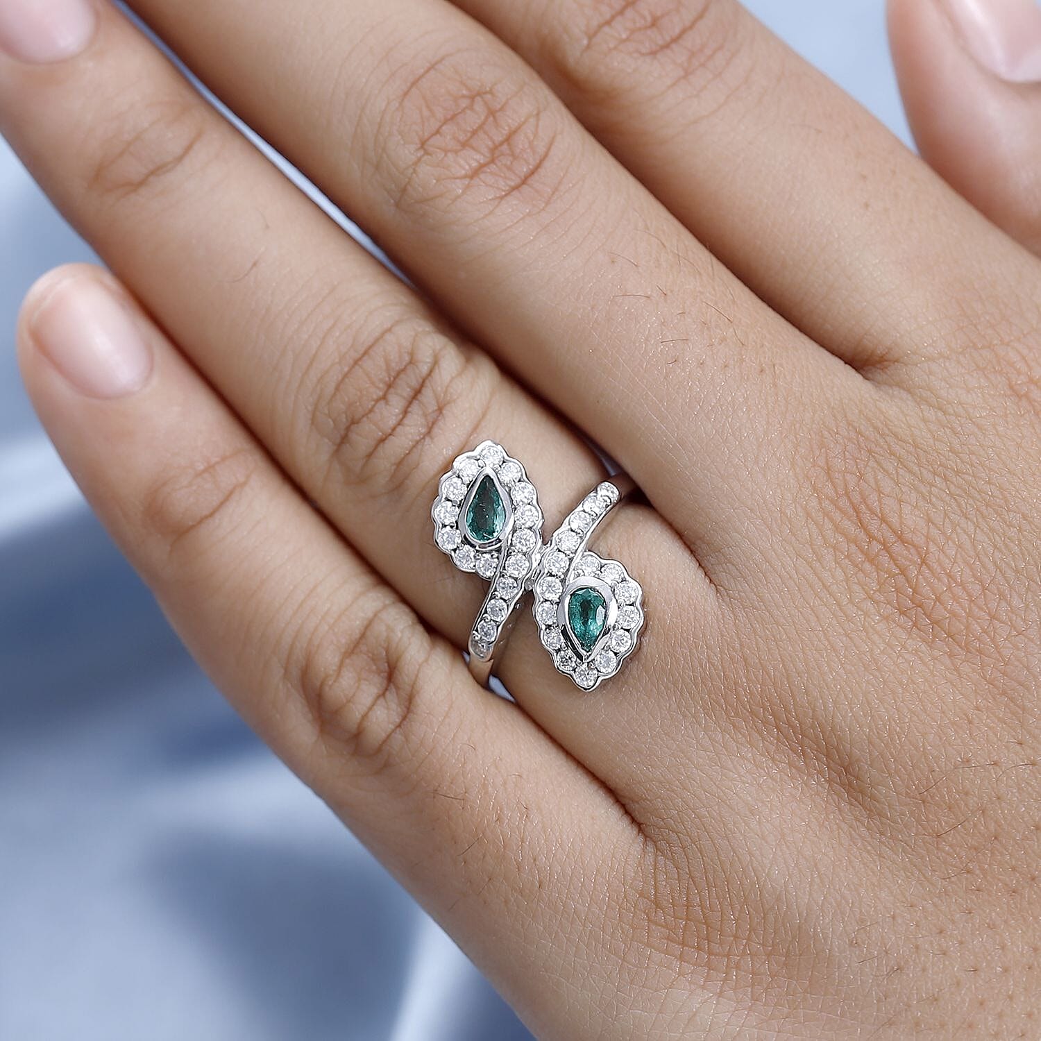 Zambian Emerald & Moissanite Bypass Ring in Platinum Overlay Sterling Silver