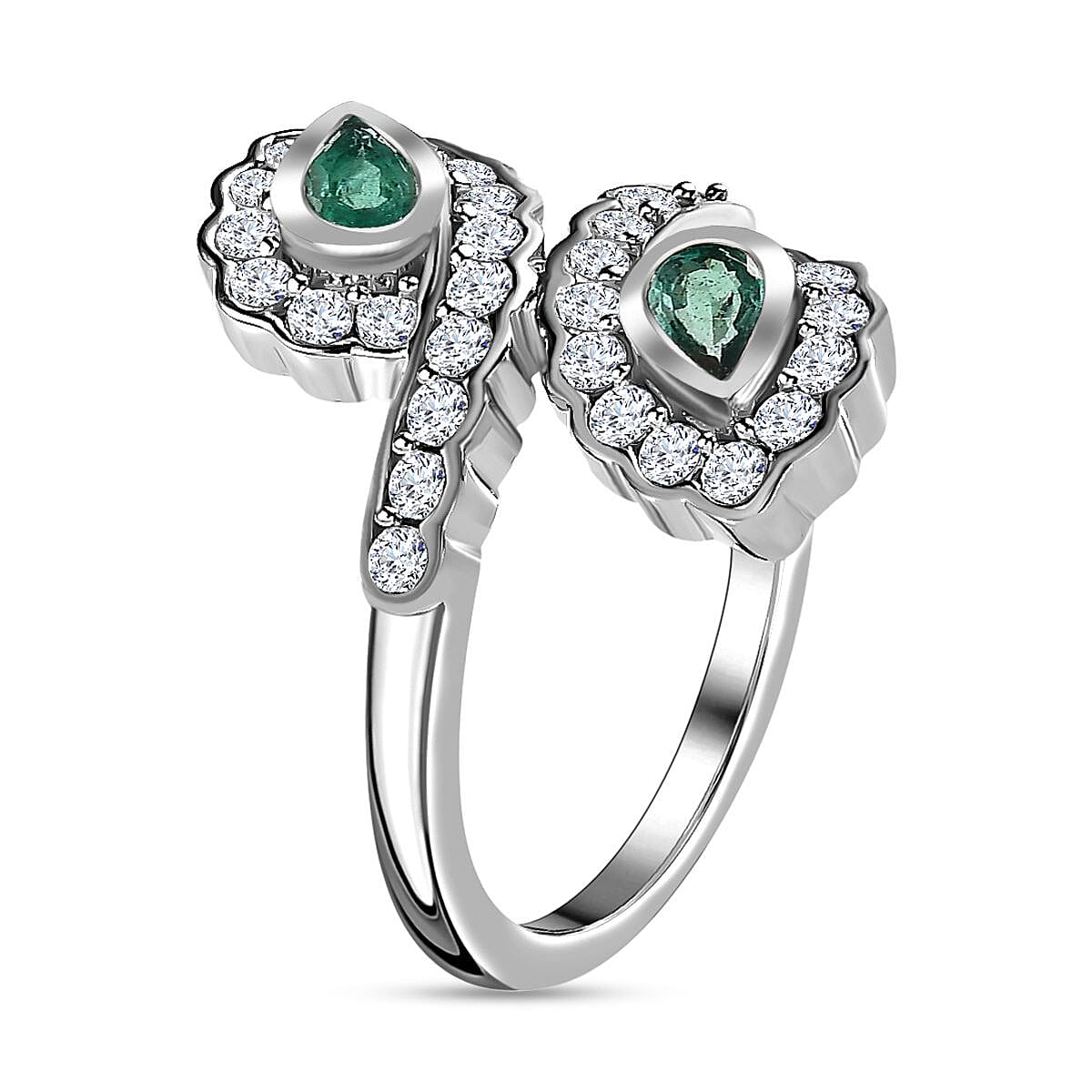 Zambian Emerald & Moissanite Bypass Ring in Platinum Overlay Sterling Silver