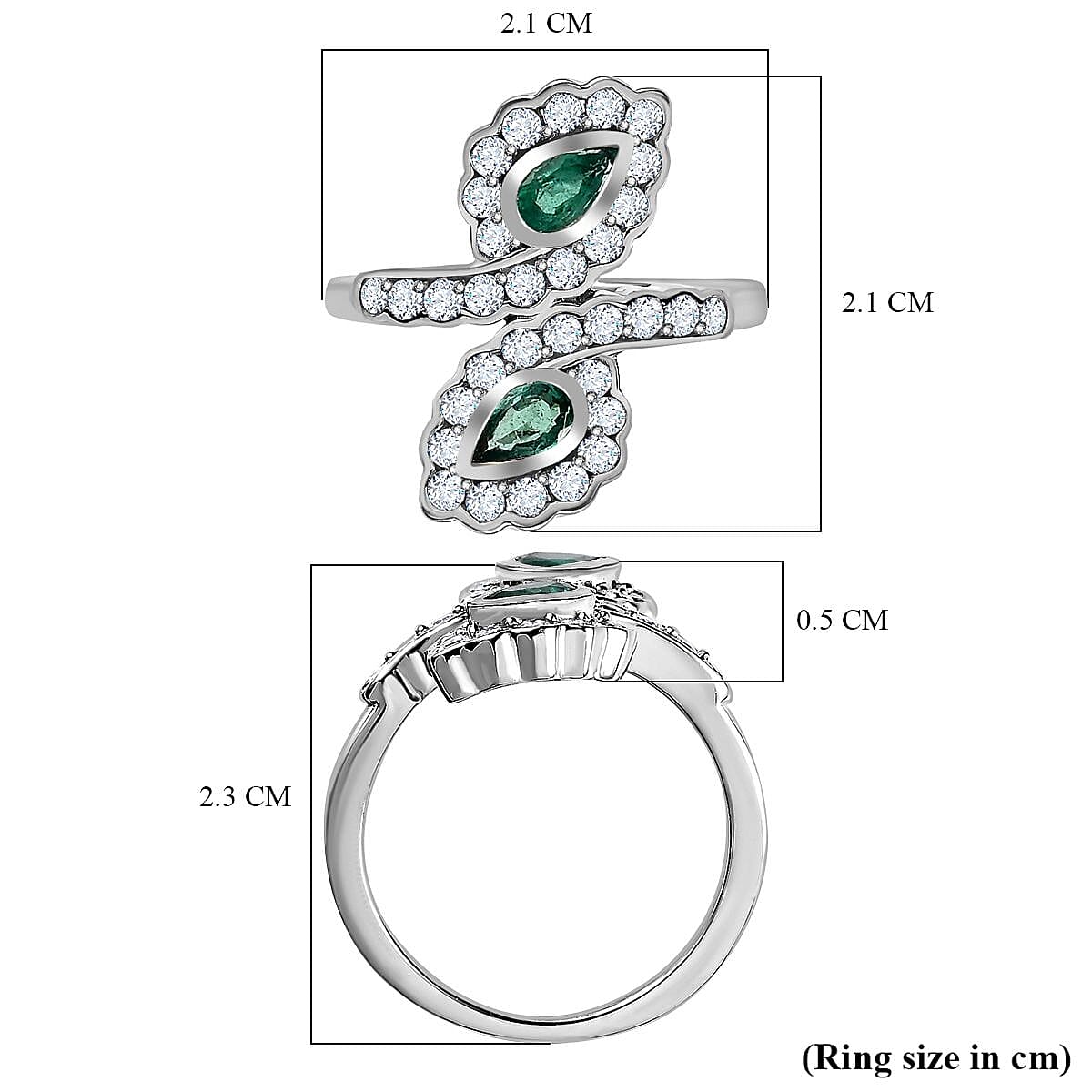 Zambian Emerald & Moissanite Bypass Ring in Platinum Overlay Sterling Silver