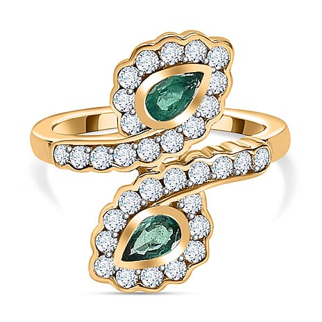 Zambian Emerald & Moissanite Bypass Ring in 18K Yellow Gold Vermeil Plated Sterling Silver Zambian Emerald & Moissanite Bypass Ring in 18K Yellow Gold Vermeil Plated Sterling Silver