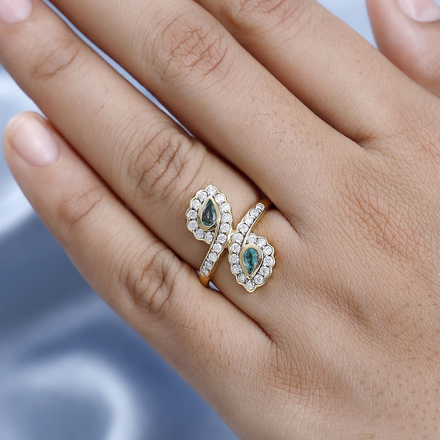 Zambian Emerald & Moissanite Bypass Ring in 18K Yellow Gold Vermeil Plated Sterling Silver