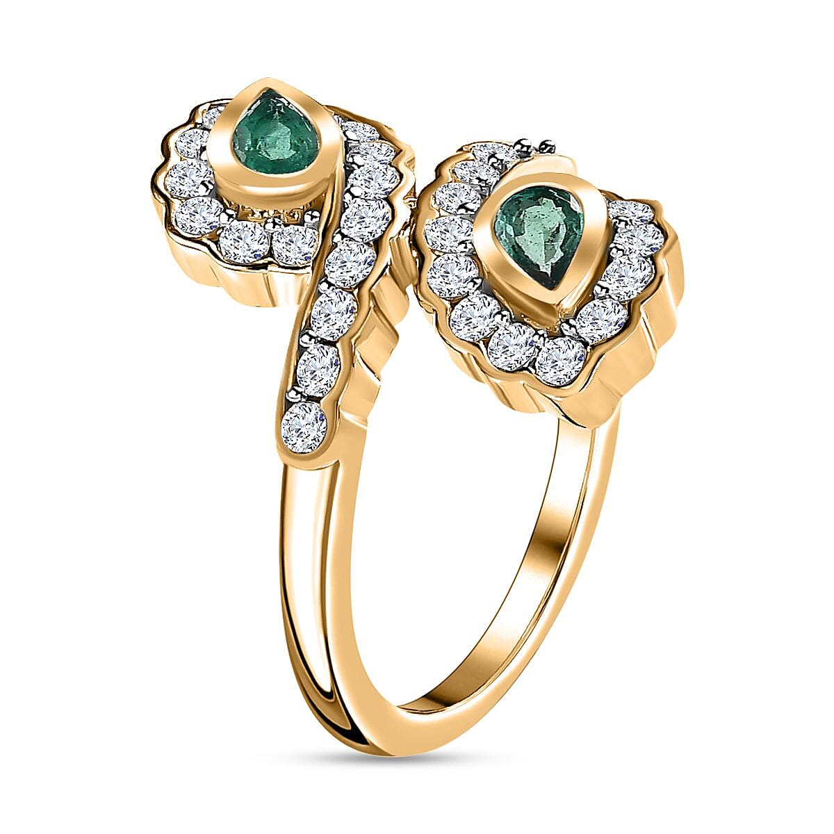 Zambian Emerald & Moissanite Bypass Ring in 18K Yellow Gold Vermeil Plated Sterling Silver