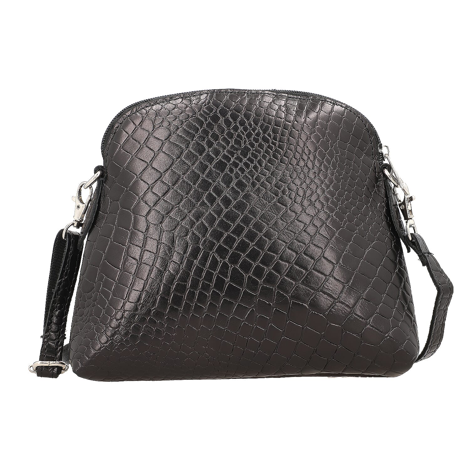 Genuine Leather Croc Embossed Crossbody Bag  - Black