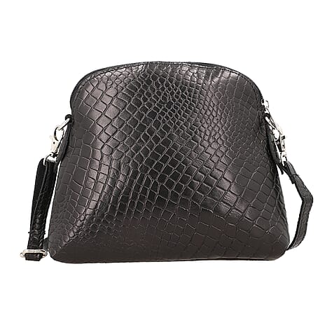 Genuine Leather Croc Embossed Crossbody Bag  - Black