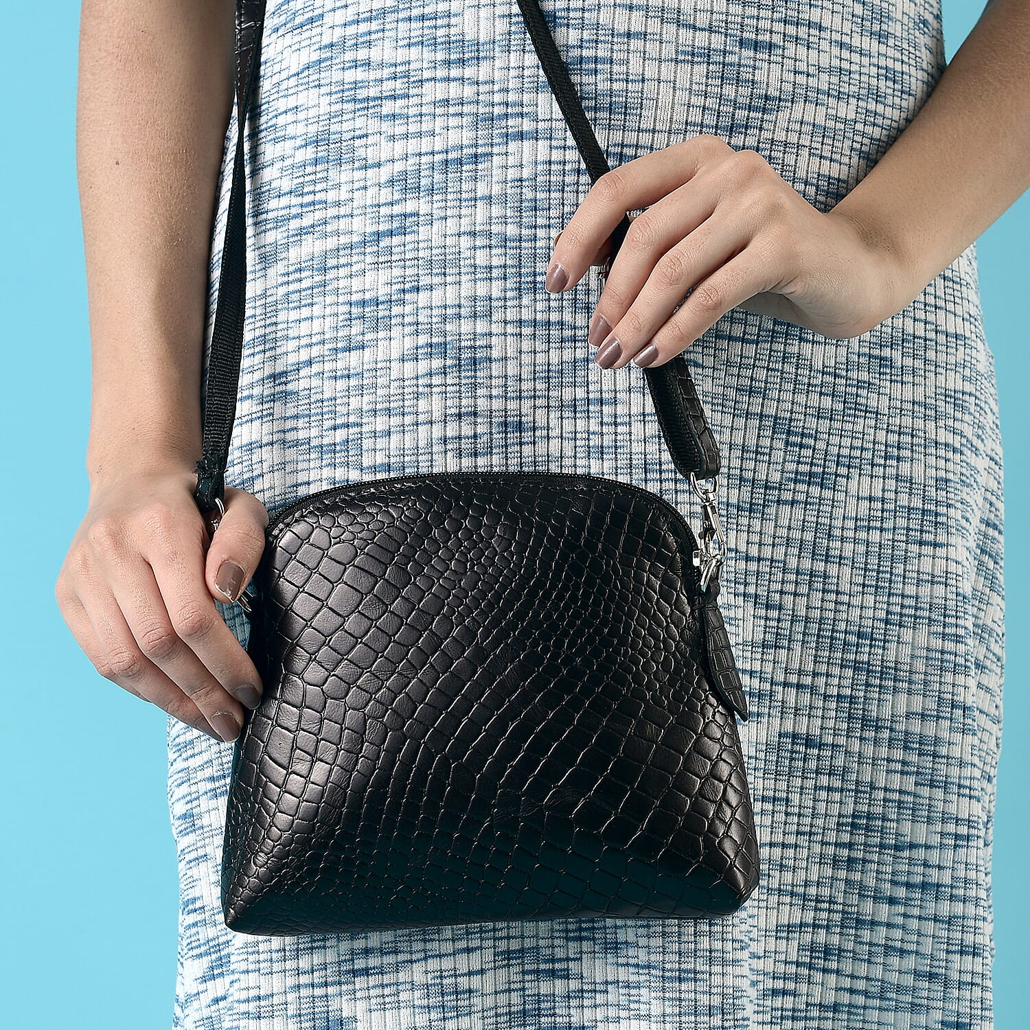 Genuine Leather Croc Embossed Crossbody Bag  - Black
