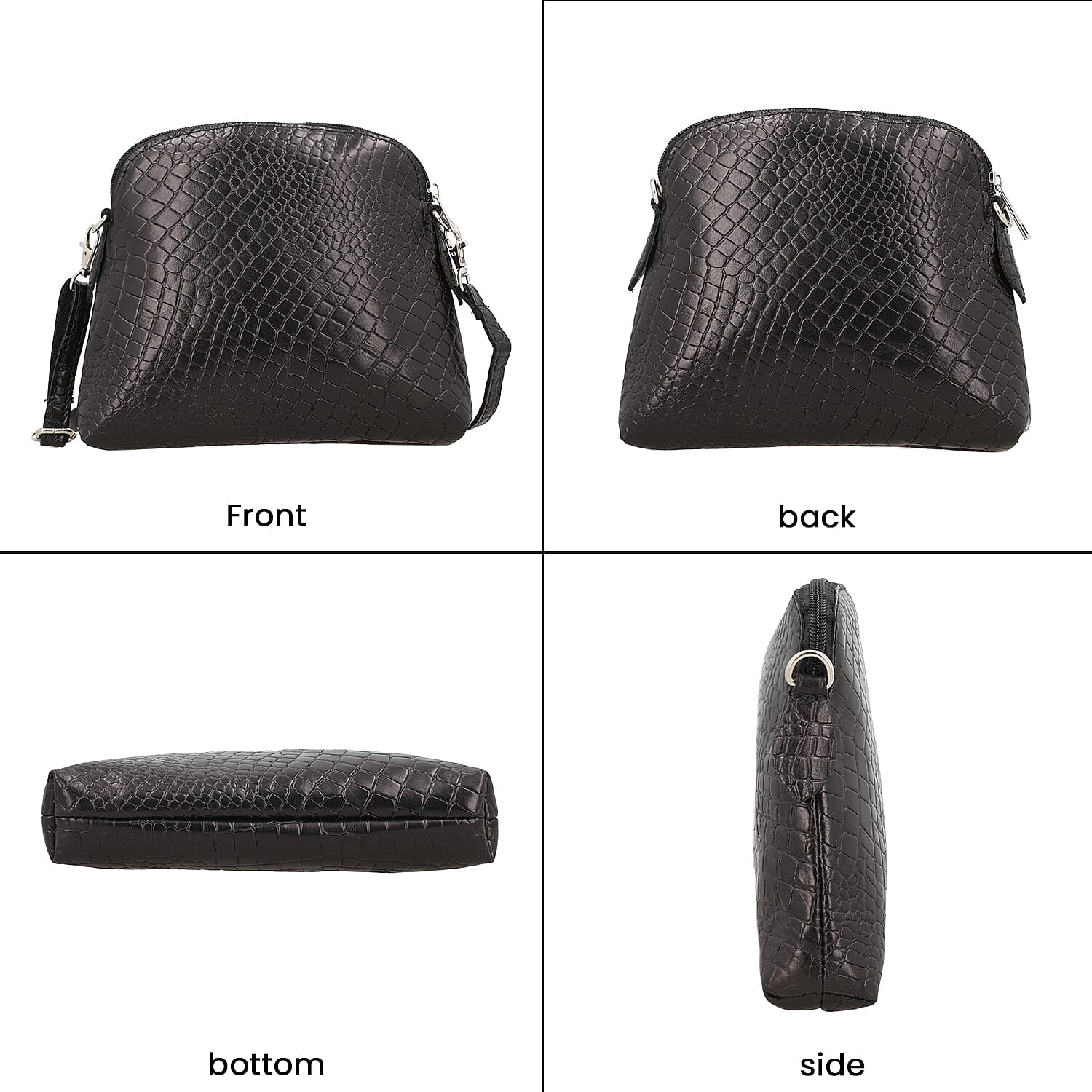 Genuine Leather Croc Embossed Crossbody Bag  - Black