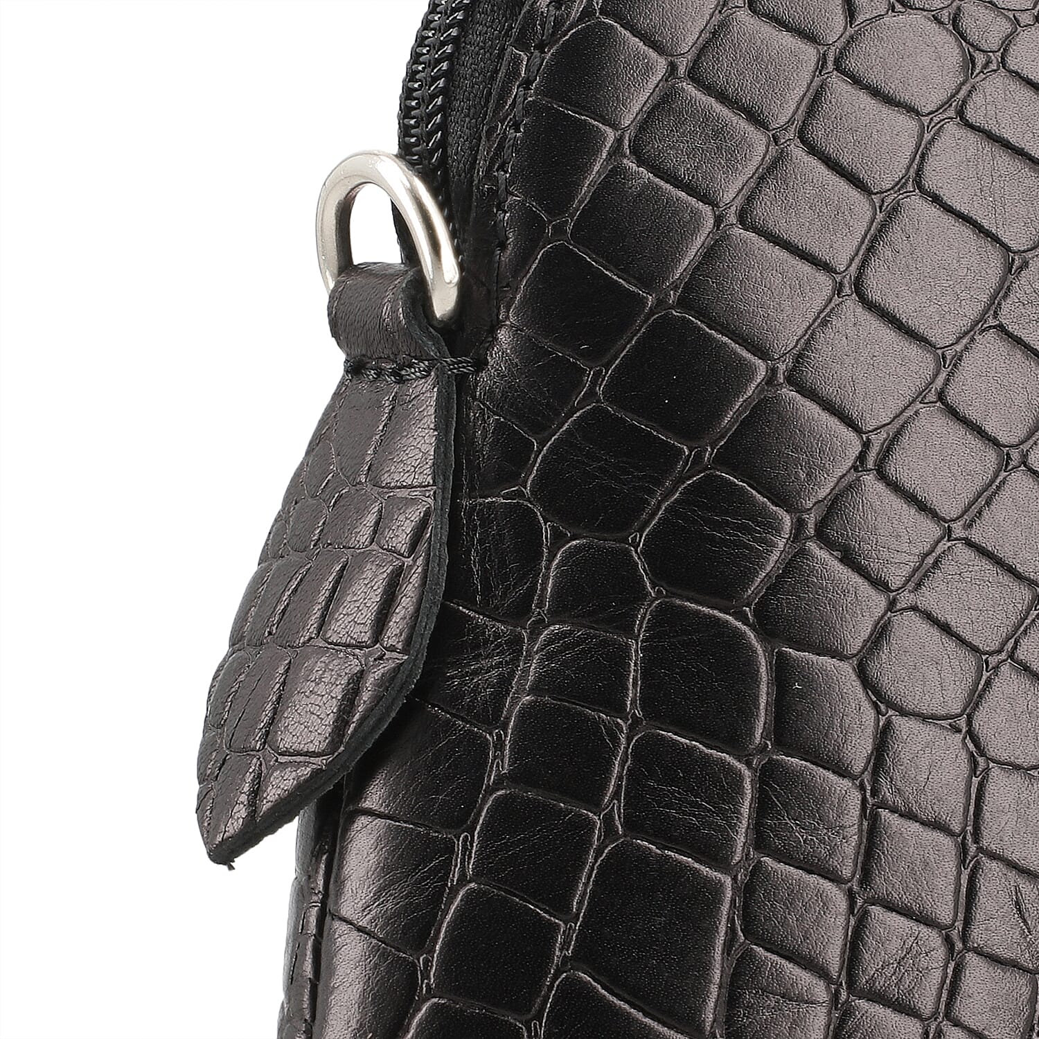 Genuine Leather Croc Embossed Crossbody Bag  - Black