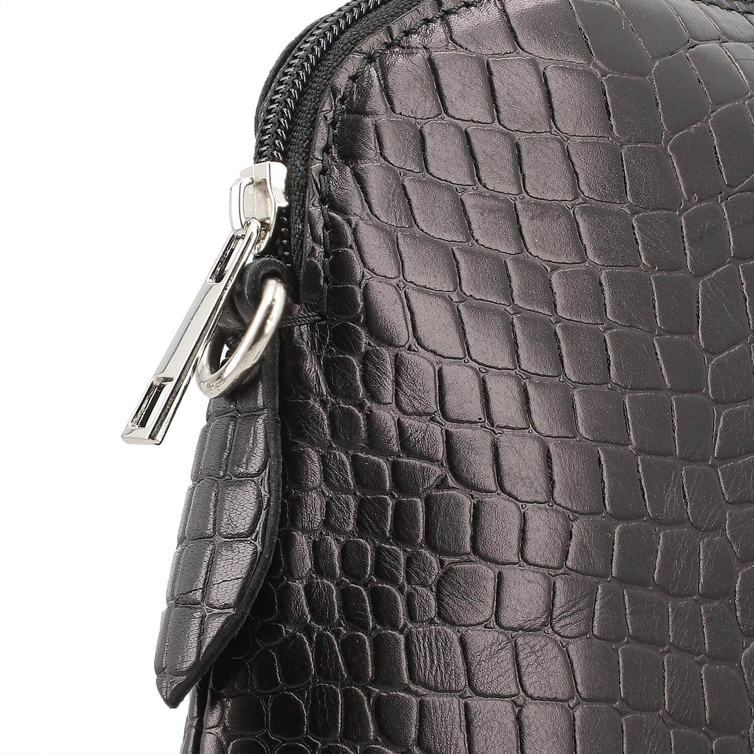 Genuine Leather Croc Embossed Crossbody Bag  - Black