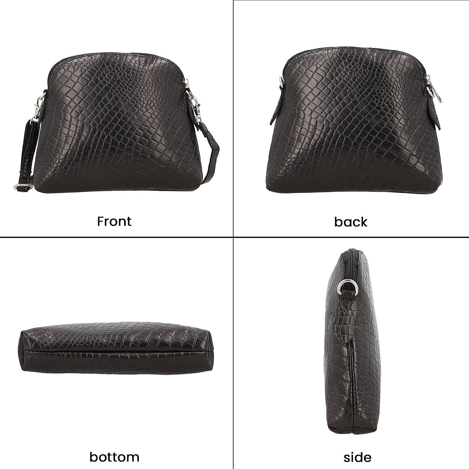 Genuine Leather Croc Embossed Crossbody Bag - Black