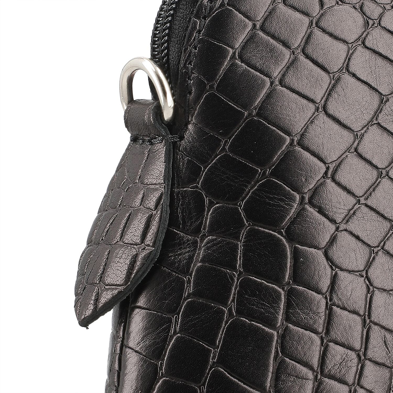 Genuine Leather Croc Embossed Crossbody Bag - Black