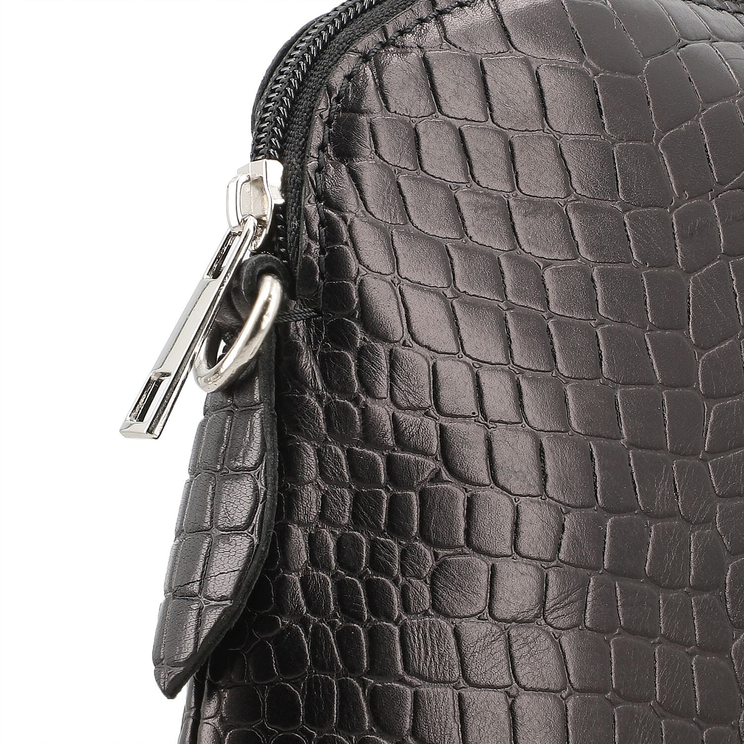 Genuine Leather Croc Embossed Crossbody Bag - Black