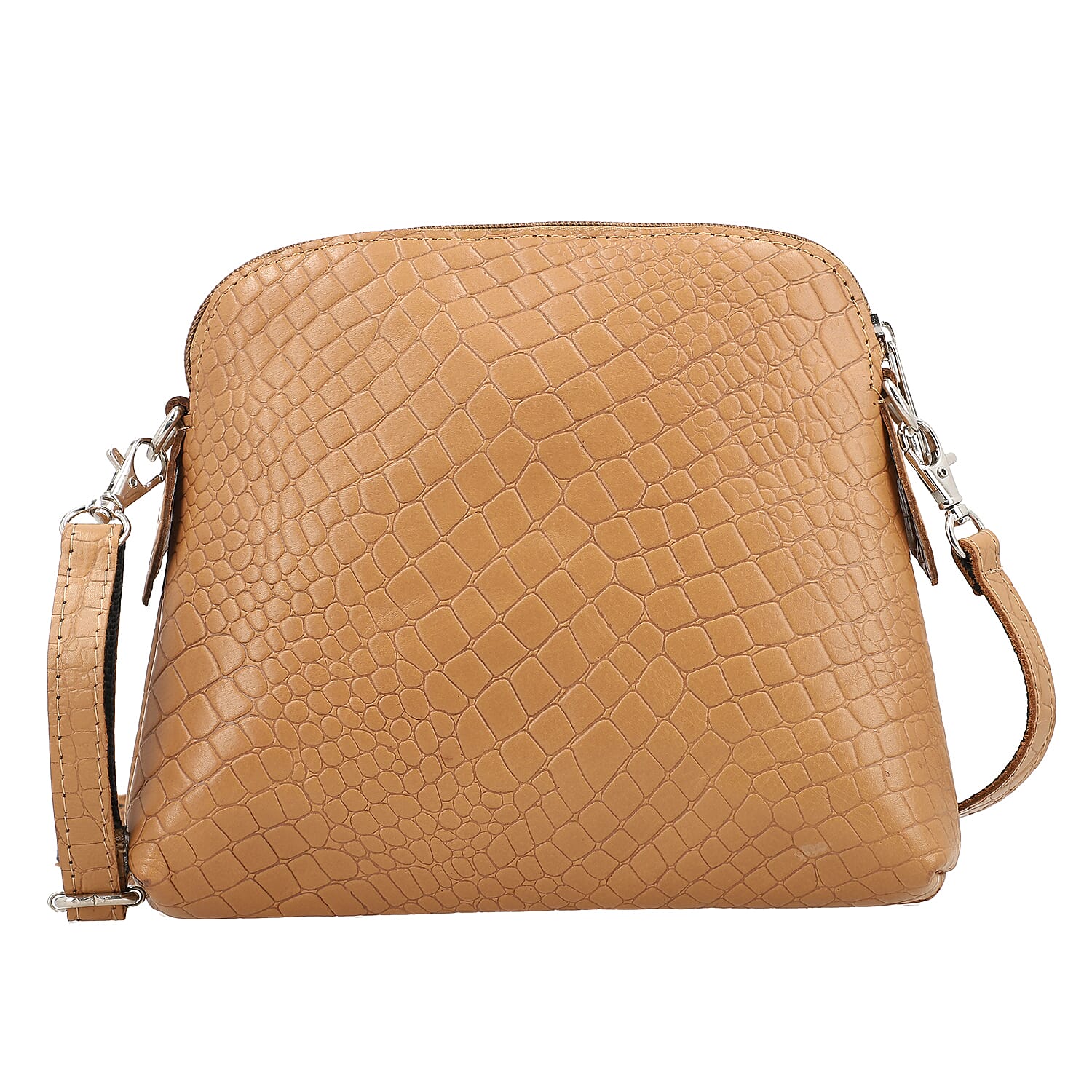 Genuine Leather Croc Embossed Crossbody Bag - Tan