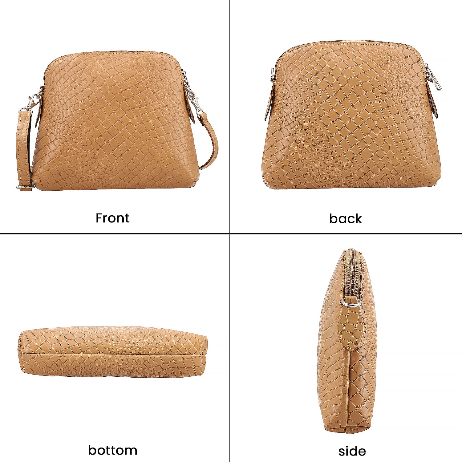 Genuine Leather Croc Embossed Crossbody Bag - Tan