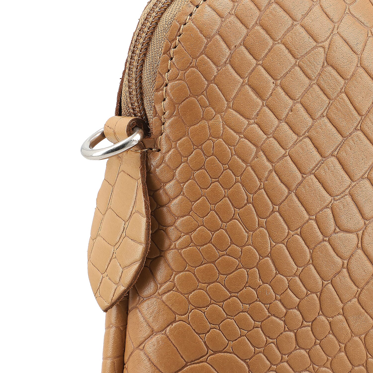 Genuine Leather Croc Embossed Crossbody Bag - Tan
