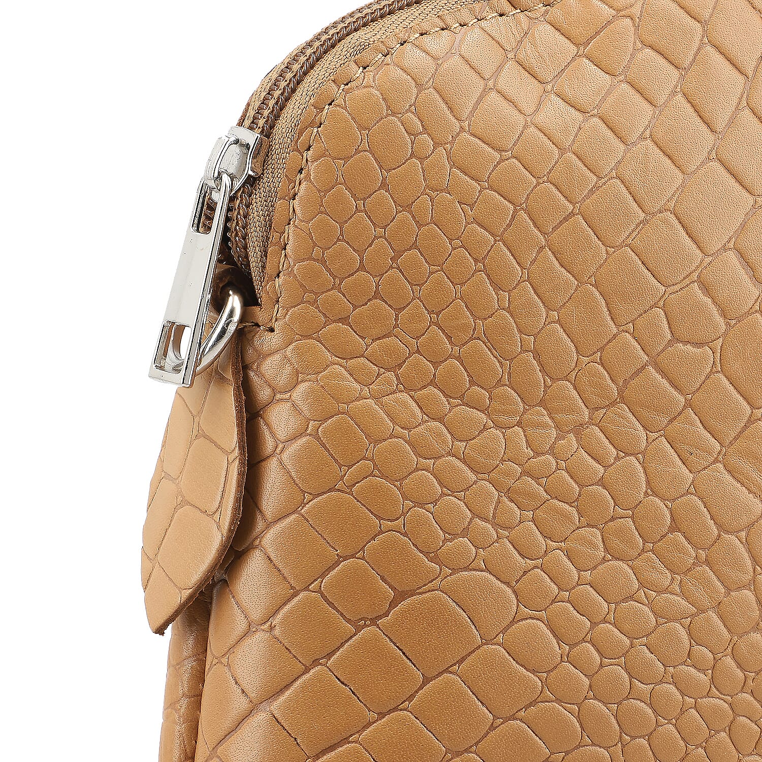 Genuine Leather Croc Embossed Crossbody Bag - Tan