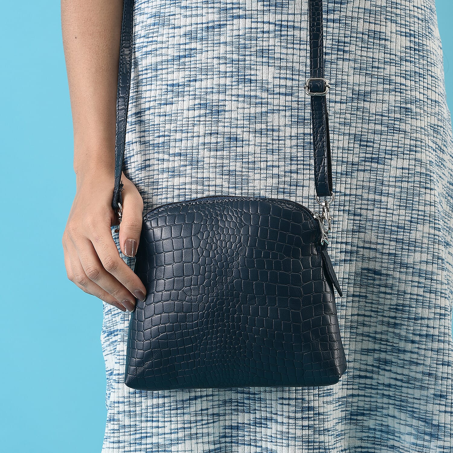 Genuine Leather Croc Embossed Crossbody Bag  - Navy Blue