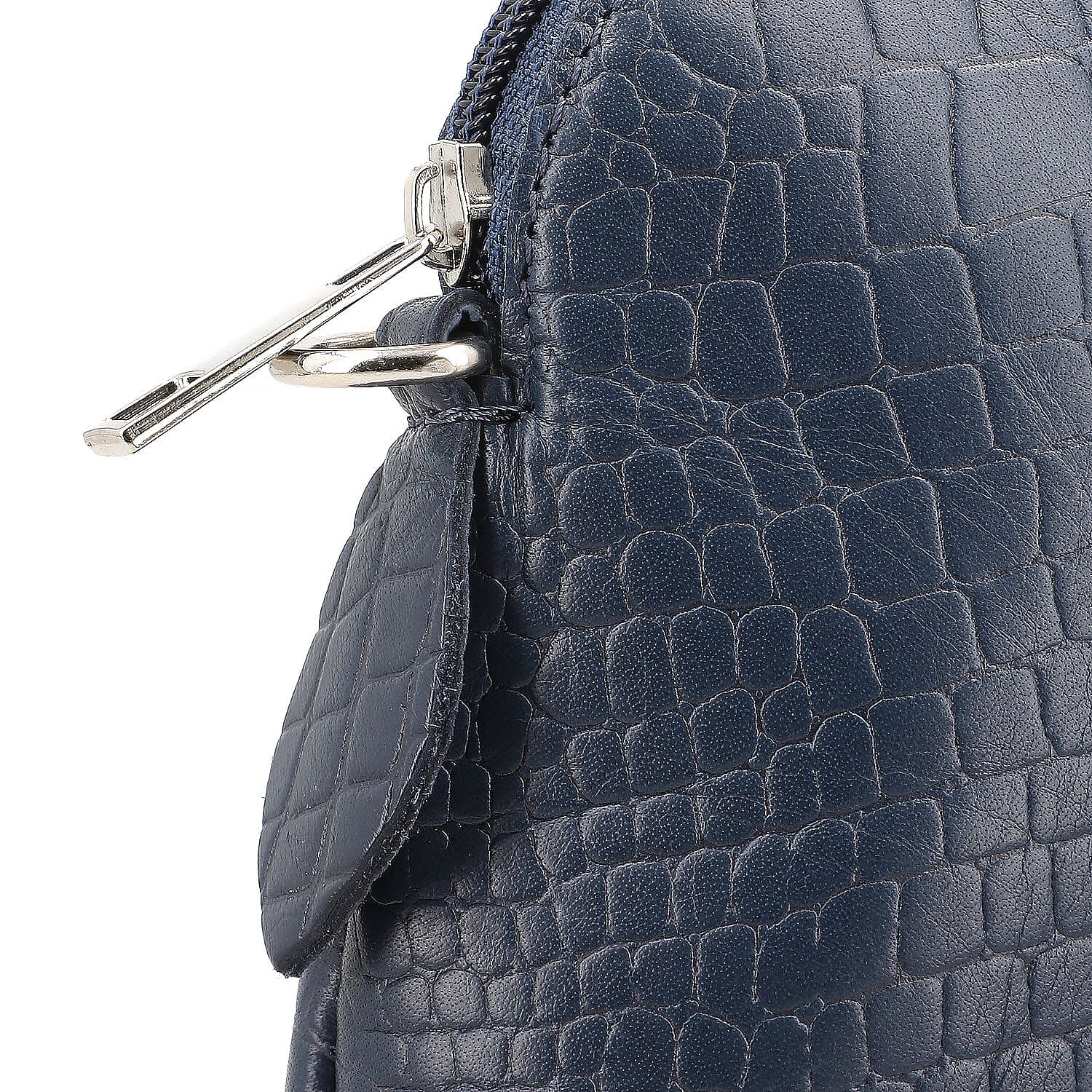 Genuine Leather Croc Embossed Crossbody Bag  - Navy Blue