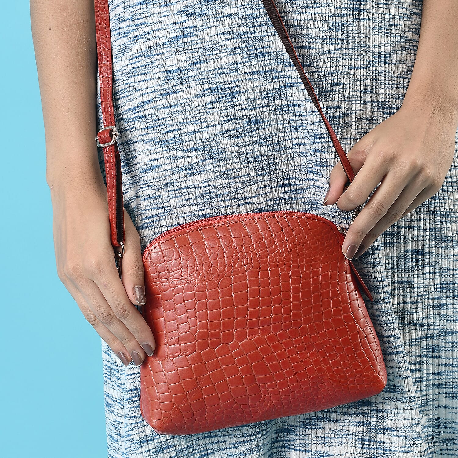 Genuine Leather Croc Embossed Crossbody Bag  - Red