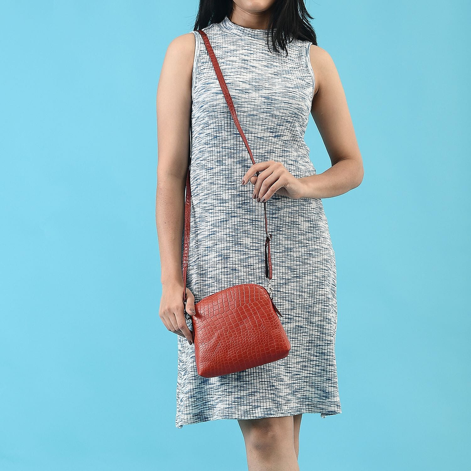 Leather Crocodile Crossbody Bag (Size 22x5x17 cm) - Red & Black