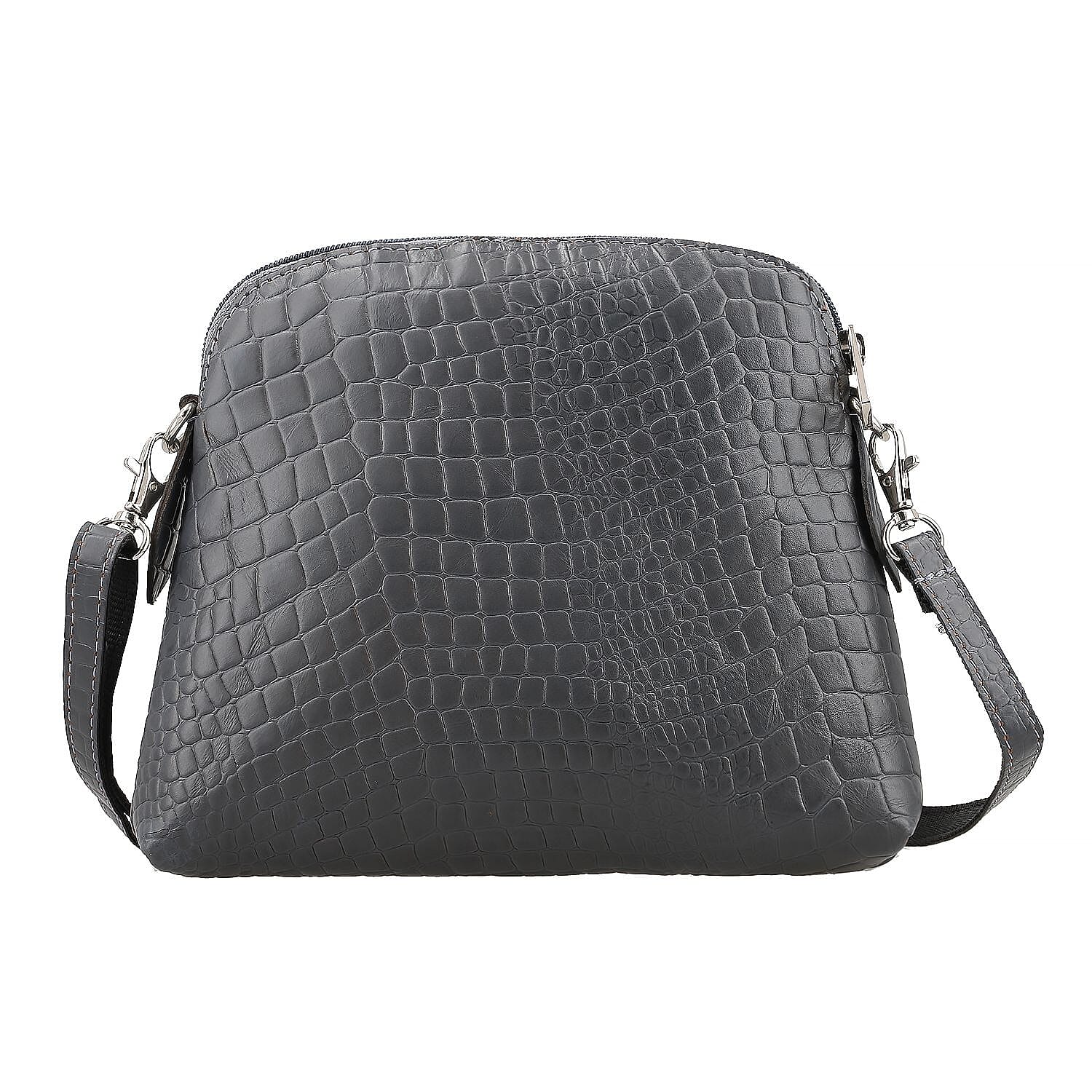 Genuine Leather Croc Embossed Crossbody Bag  - Grey