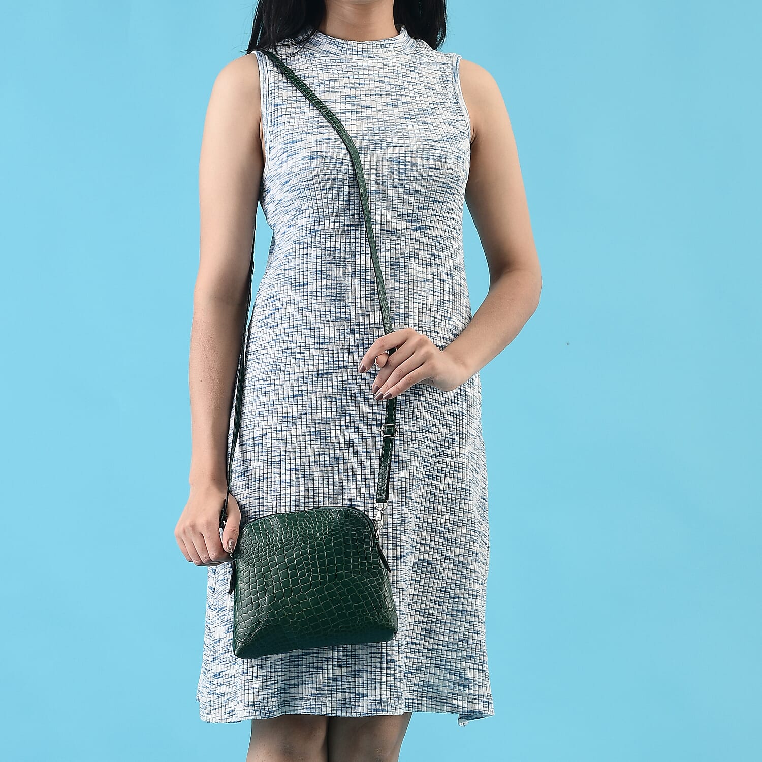 Genuine Leather Croc Embossed Crossbody Bag - Green